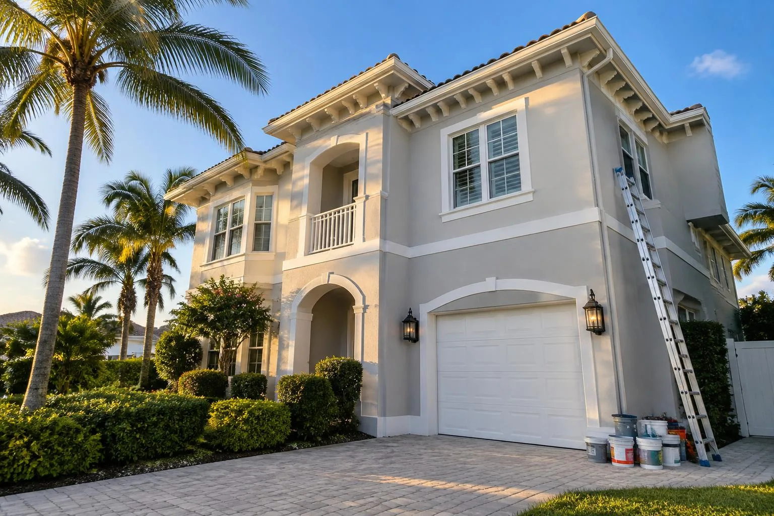 Freshly painted exterior of a coastal Florida home with palm trees and a ladder against the wall