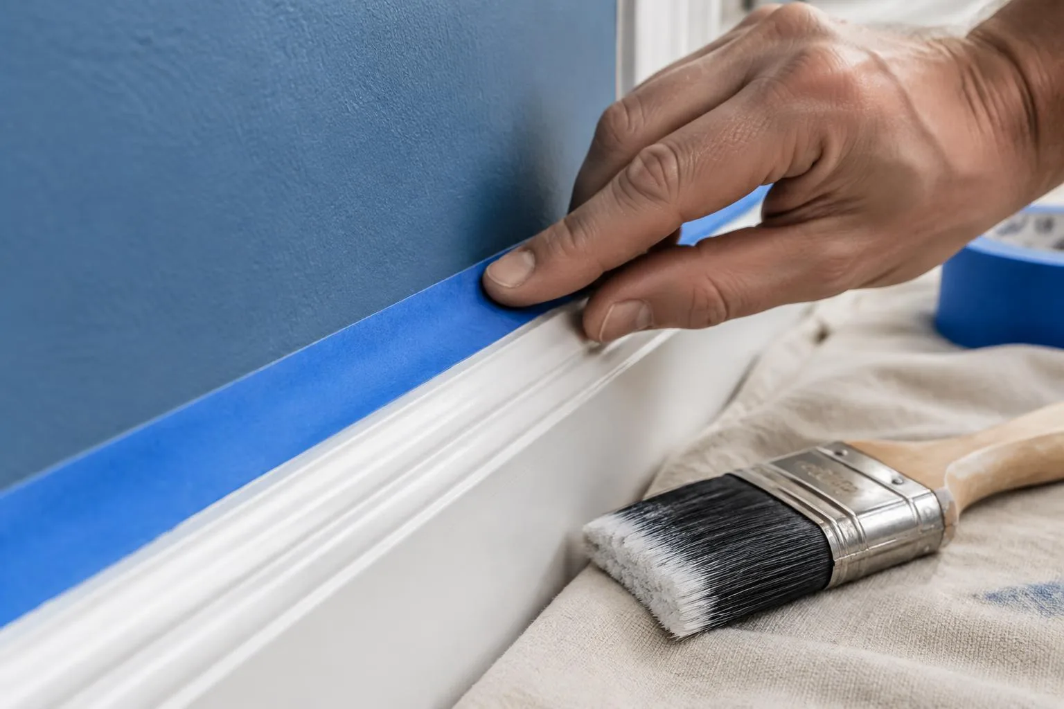 Close-up of painter's tape being applied along the edge between a freshly painted wall and white trim
